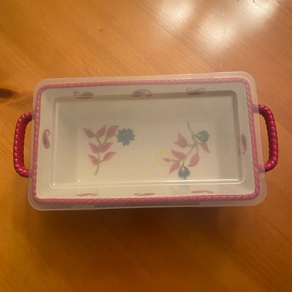 vb Loaf Pan with Lid Two Handles Ceramic Flowers Poinsettias - Picture 3 of 14